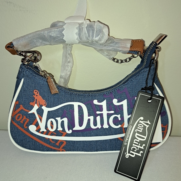 🔥NEW W/Tags Von Dutch Denim/Orange/Purple Logo Shoulder Bag W/ CUTE Mini Wrench - Picture 6 of 10